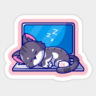 Cute Cat Sleeping On Laptop Cartoon Sticker
